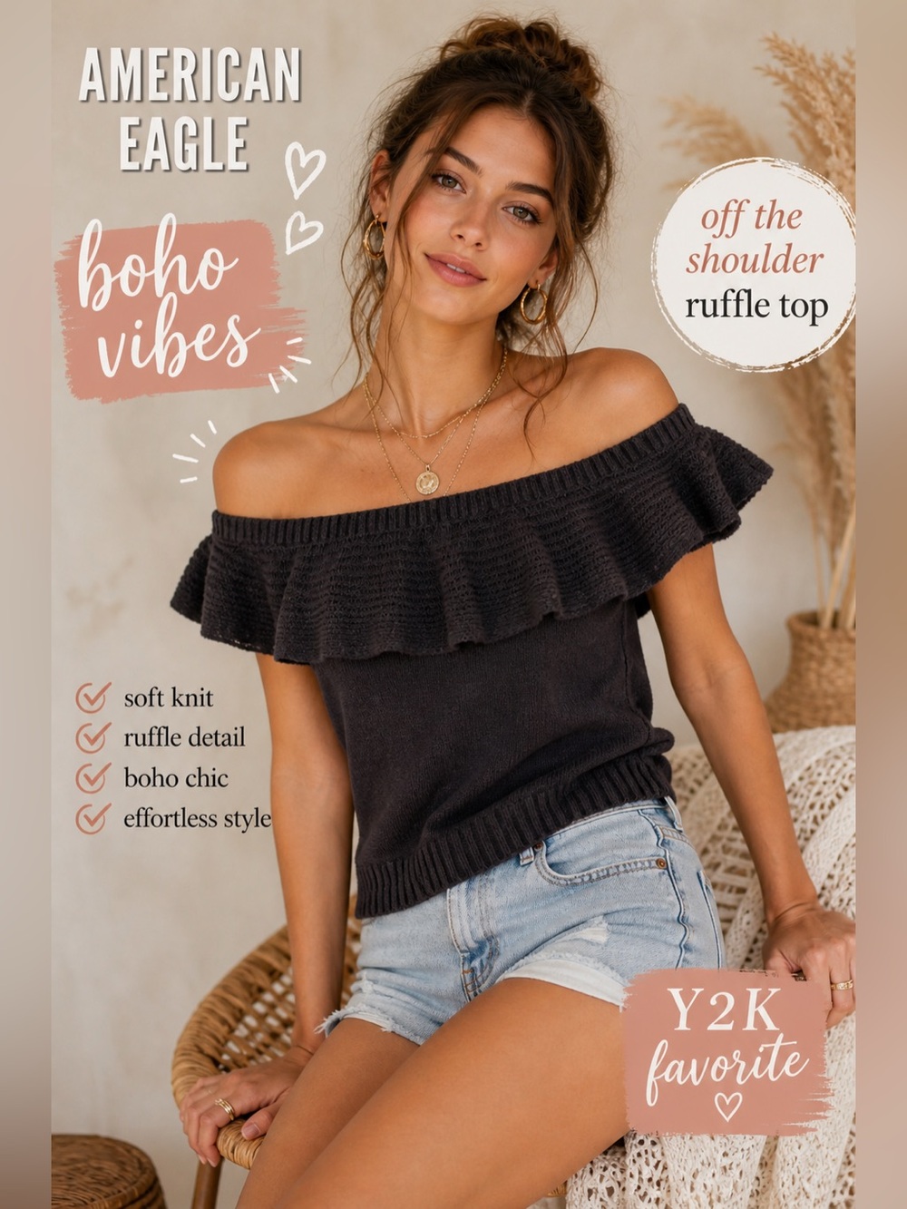 American Eagle Off Shoulder Ruffle Knit Top Boho Black Stretch Blouse